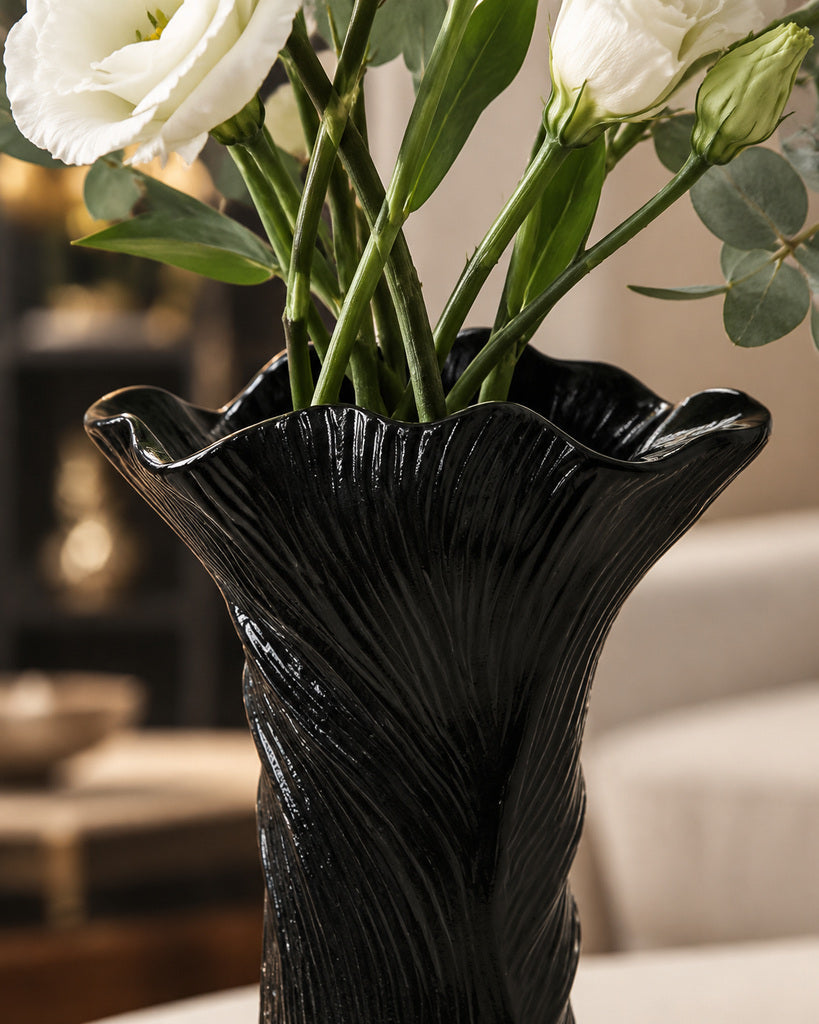 Matte Black Flowing Ribbed Ceramic Vase - 11.0"