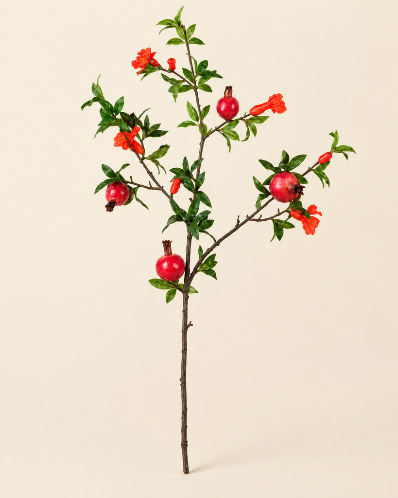 Red Artificial Pomegranate Branch with 4 Fruits and Blossoms - 90 cm