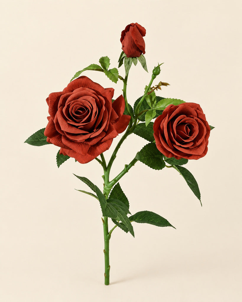 Deep Terracotta 3-Head Princess Rose Faux Flower Stem - 75cm