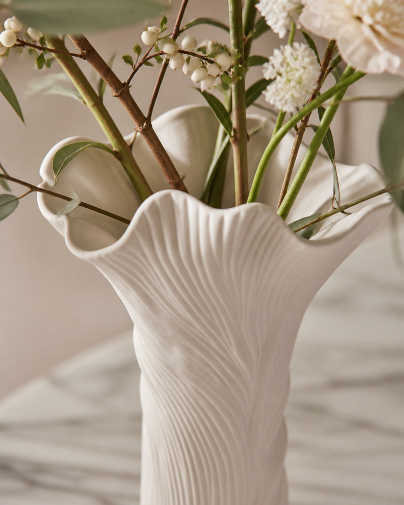 Flowing White Sculptural Ribbed Ceramic Vase - 11"