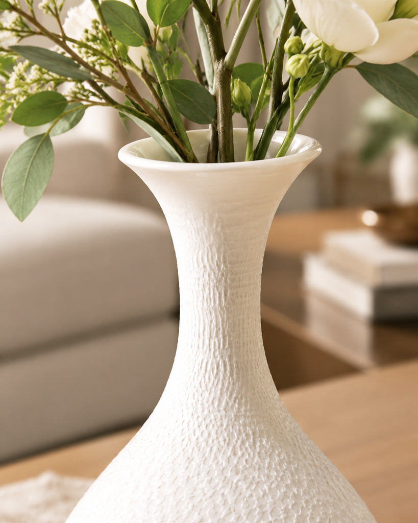 White Tall Gourd-Form Textured Sculptural Vase - 12.2"