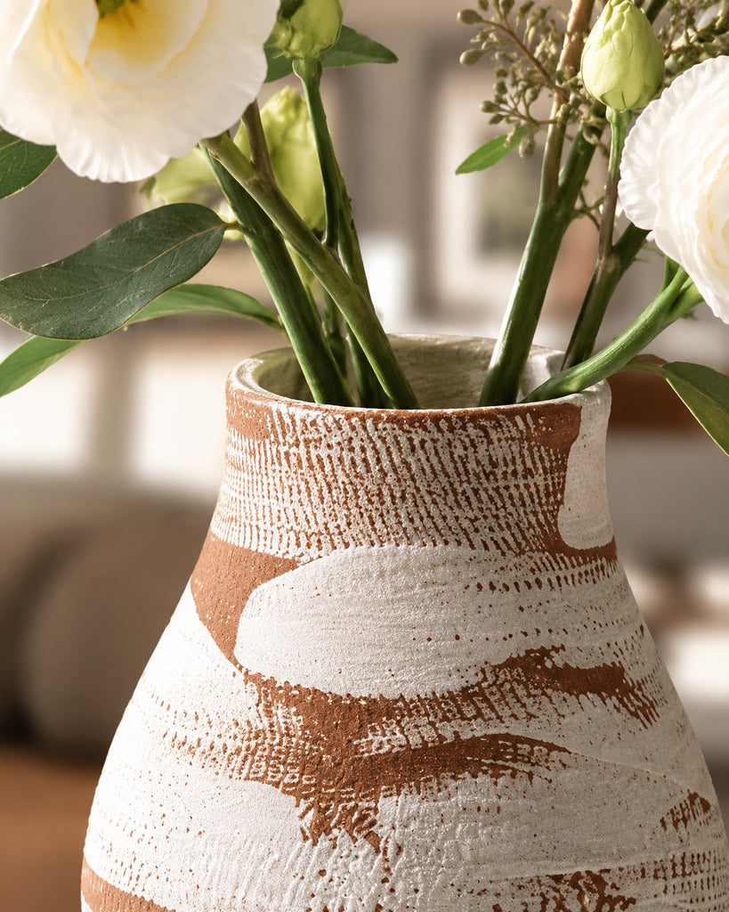 Caramel Brown & White Brushstroke Textured Vase - 9.5"