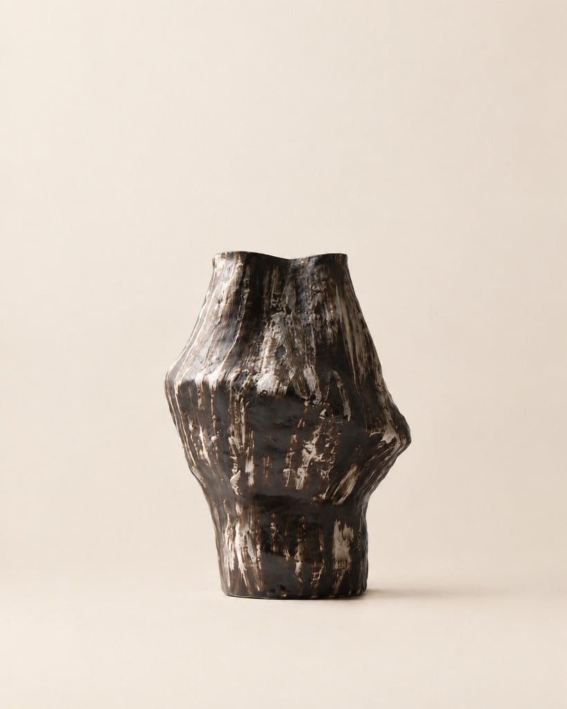 Dark Brown & Ivory Distressed Sculptural Vase - 11.5"