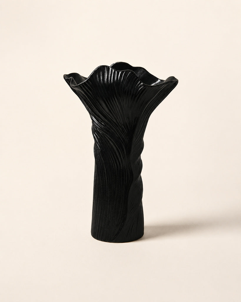 Matte Black Flowing Ribbed Ceramic Vase - 11.0"