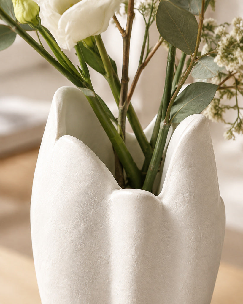 Matte White Petal-Form Sculptural Vase - 10.0"