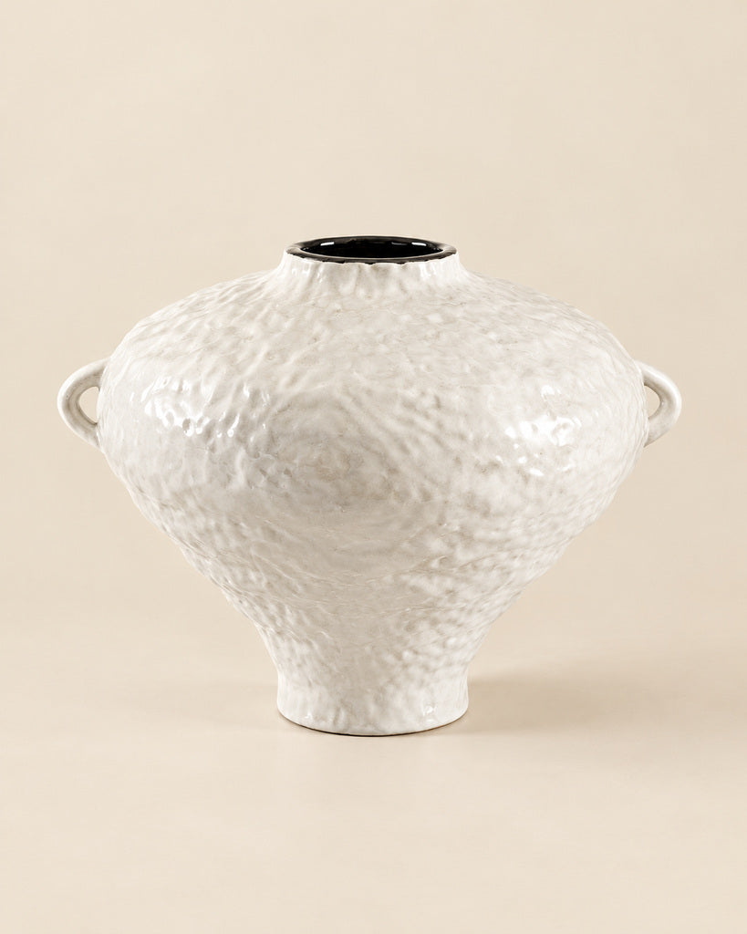 White Wide-Bodied Double-Handle Textured Ceramic Vase with Black Rim - 7.9"