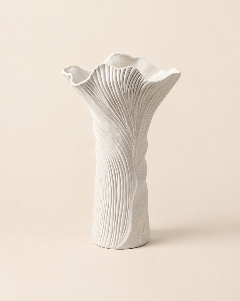 White Flowing Ribbed Ceramic Vase - 11.0"