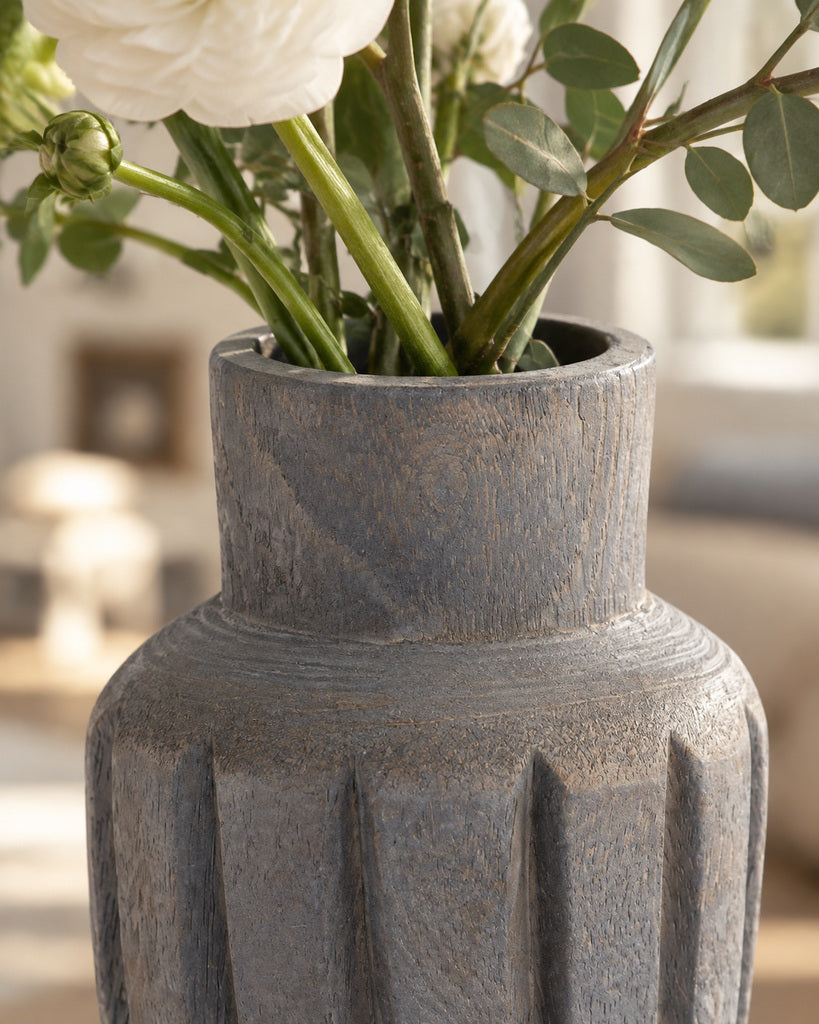 Charcoal Gray Ribbed Handcrafted Wood Vase - 9.1"