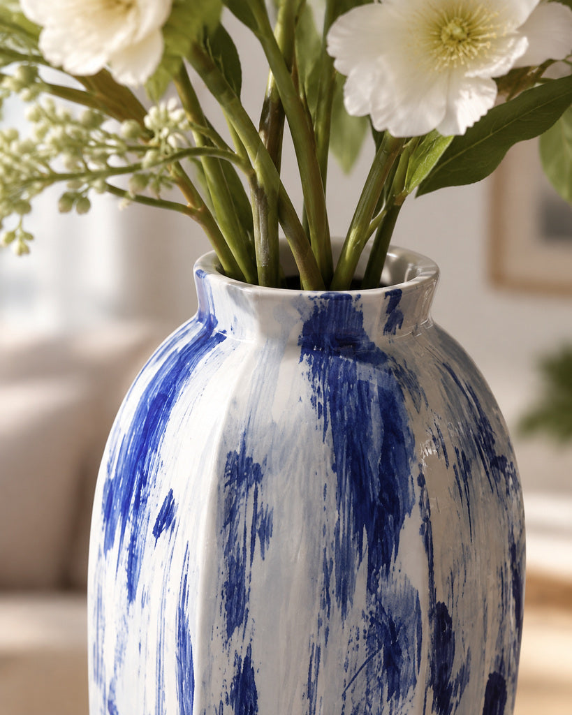 Ivory White & Cobalt Blue Extra-Tall Brushstroke Vase - 15.6"