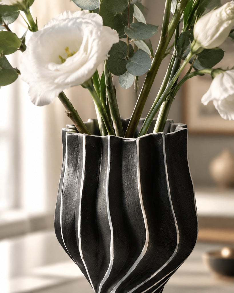 Black & White Twisted-Rib Sculptural Vase - 10.2"