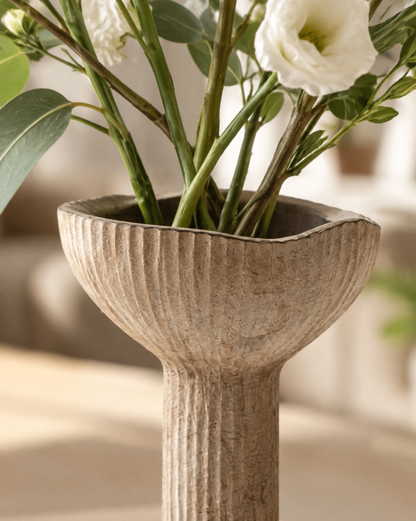 Weathered Taupe Ribbed Fan-Form Sculptural Vase - 10.0"