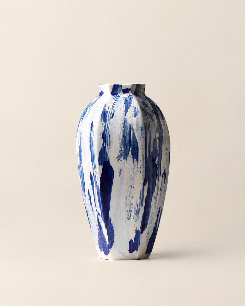 Ivory White & Cobalt Blue Tall Brushstroke Vase - 13.8"