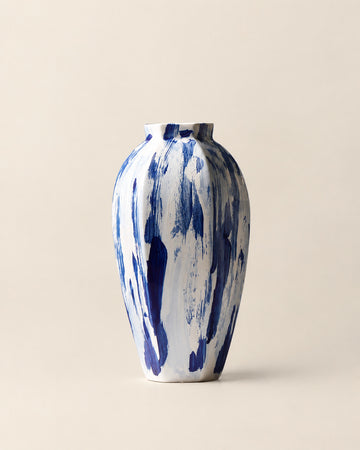 Ivory White & Cobalt Blue Tall Brushstroke Vase - 13.8"