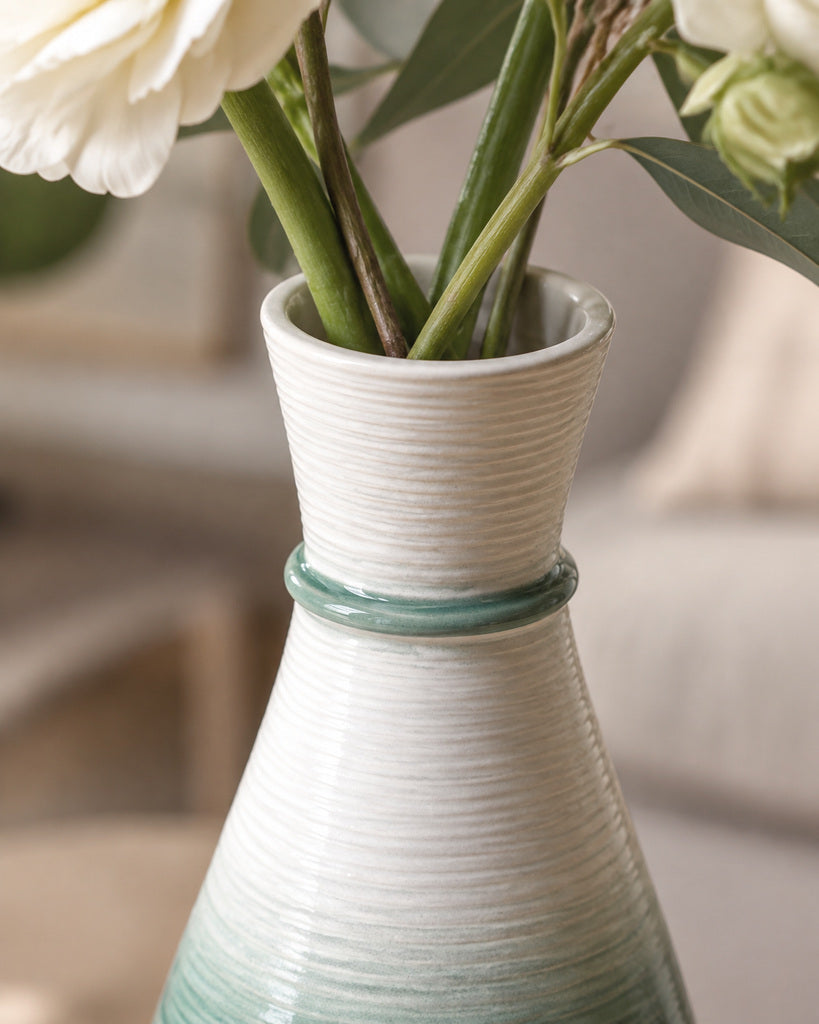 White & Sage Green Ribbed Tapered Sculptural Vase - 10.9"