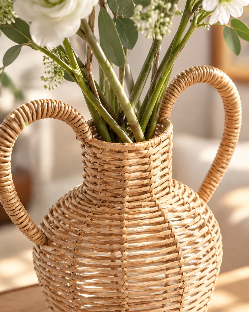 Natural Brown Handcrafted Rattan Double-Handle Vase - 14.2"