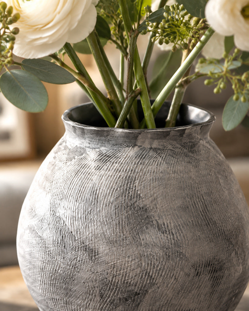Weathered White Flowing-Line Handmade Ceramic Vase - 10.6"