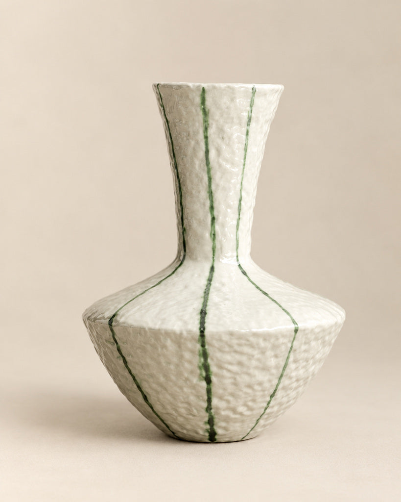 Ivory Green-Striped Tall Textured Sculptural Vase - 11.4"