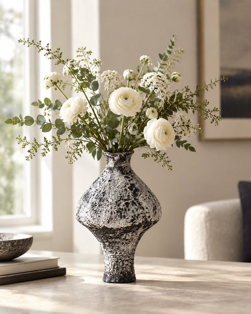 Iron Black & White Raised-Texture Sculptural Vase - 11.8"