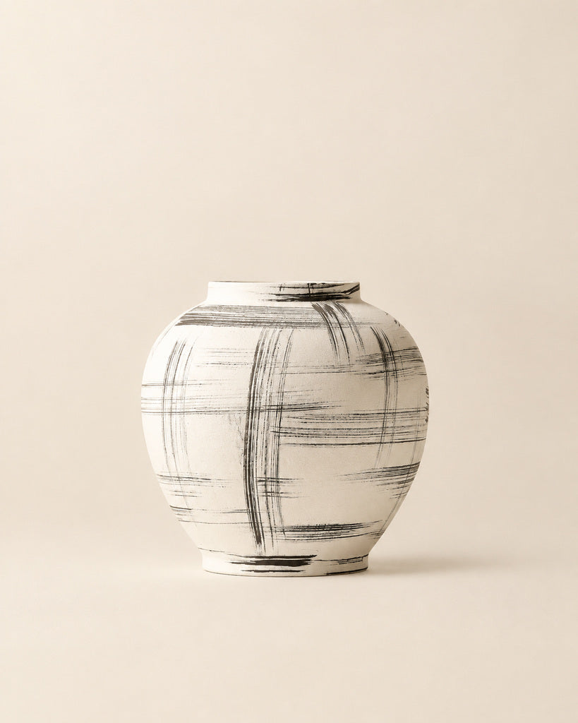 Ivory White & Black Linear Brushstroke Rounded Vase - 10.2"