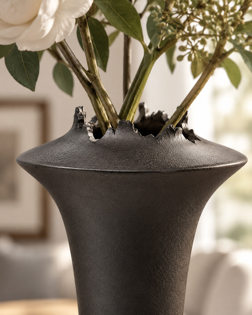 Matte Black Jagged-Rim Sculptural Vase - 14.2"