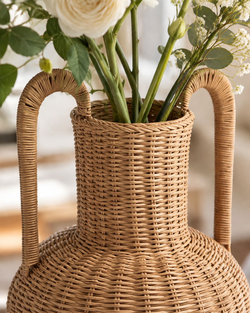 Natural Brown Handcrafted Rattan Double-Handle Pedestal Vase - 12.6"