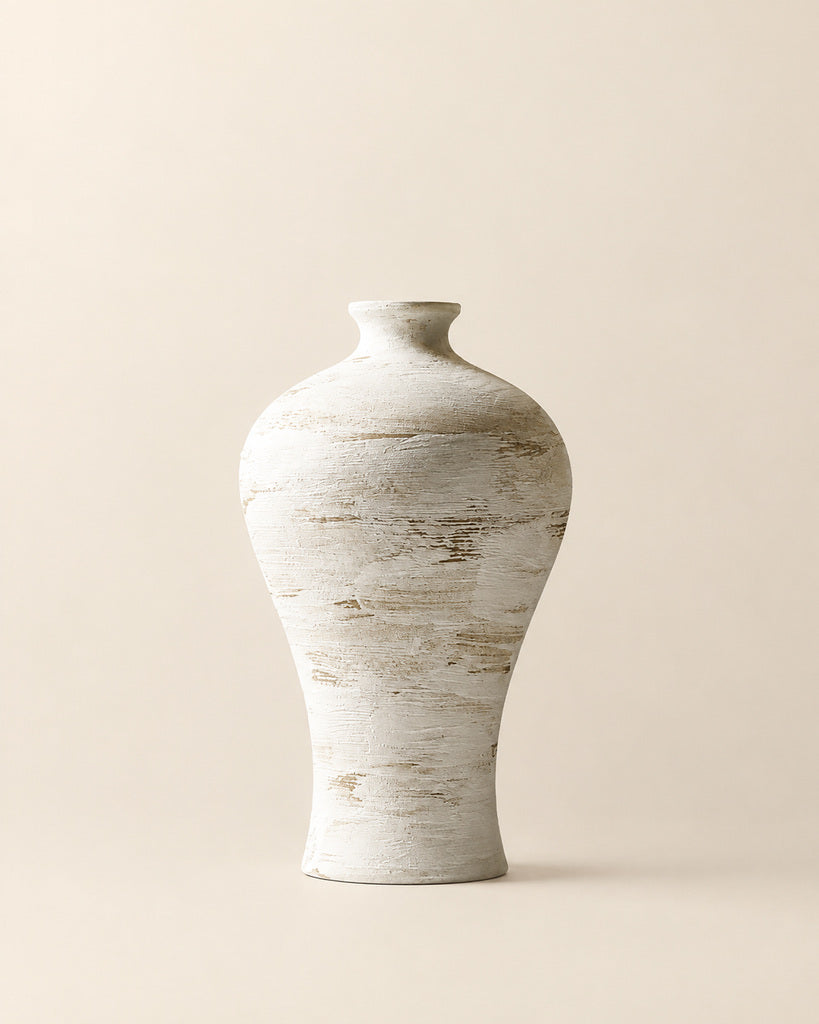 Hand-Glazed Ivory Tall Brush-Textured Sculptural Vase - 12.0"