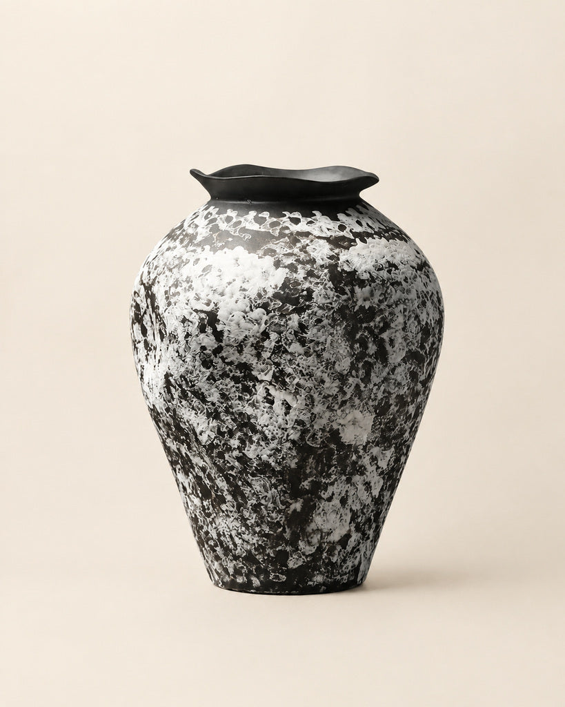 Snow-Covered Black Tall Mottled Textured Vase - 12.9"