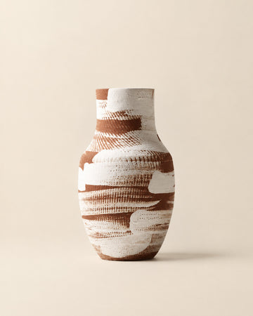 Caramel Brown & White Brushstroke Tall Textured Vase - 12.4"