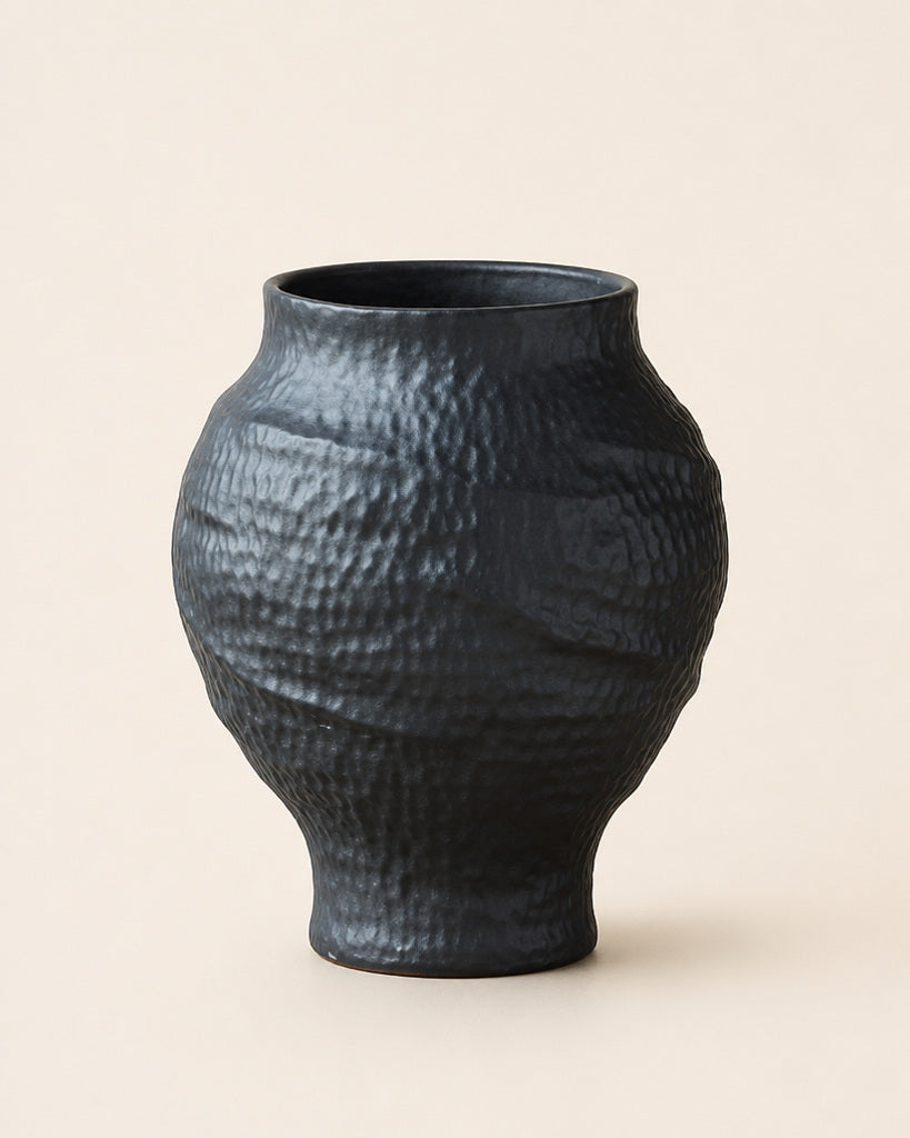 Carbon Black Wide-Mouth Textured Ceramic Vase - 13"