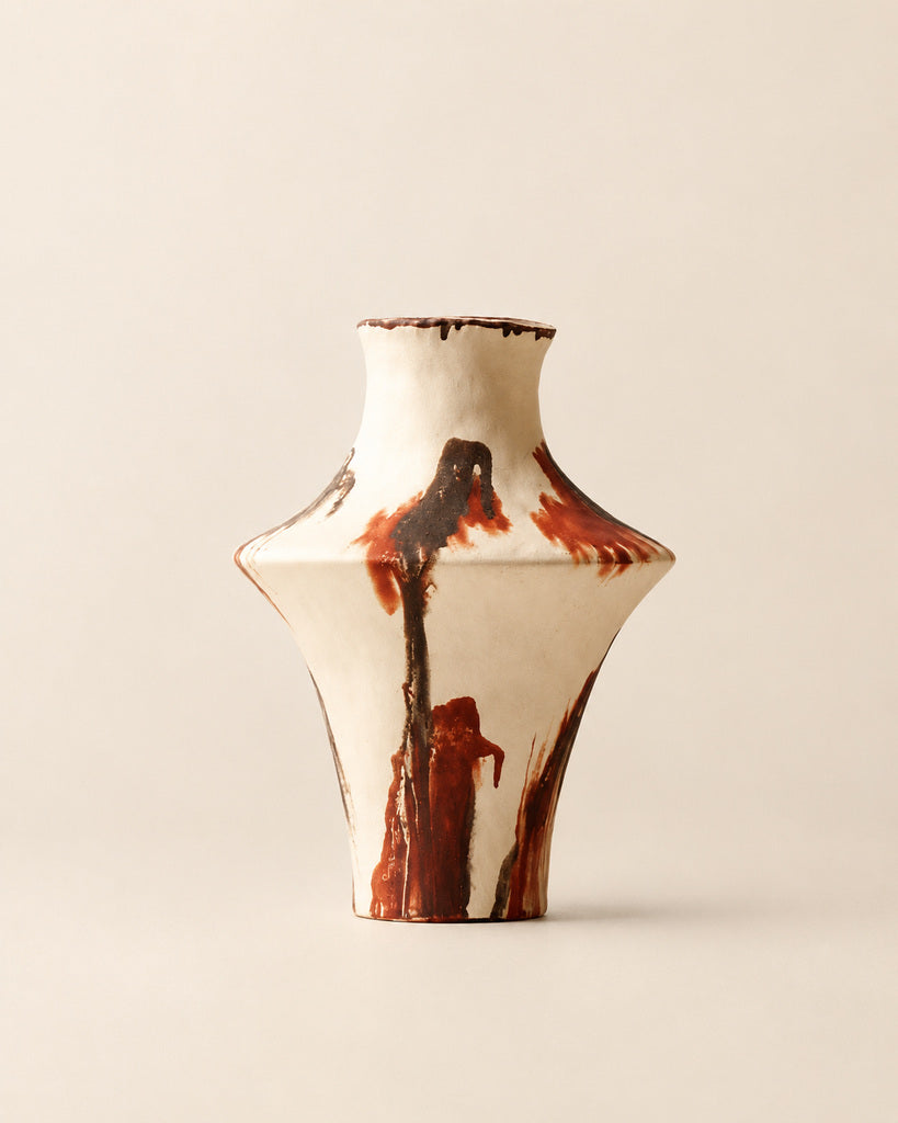 Ivory & Rust Red Angular Brushstroke Sculptural Vase - 10.9"