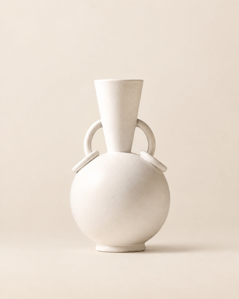 Matte White Double-Handle Rounded Sculptural Vase - 12.0"
