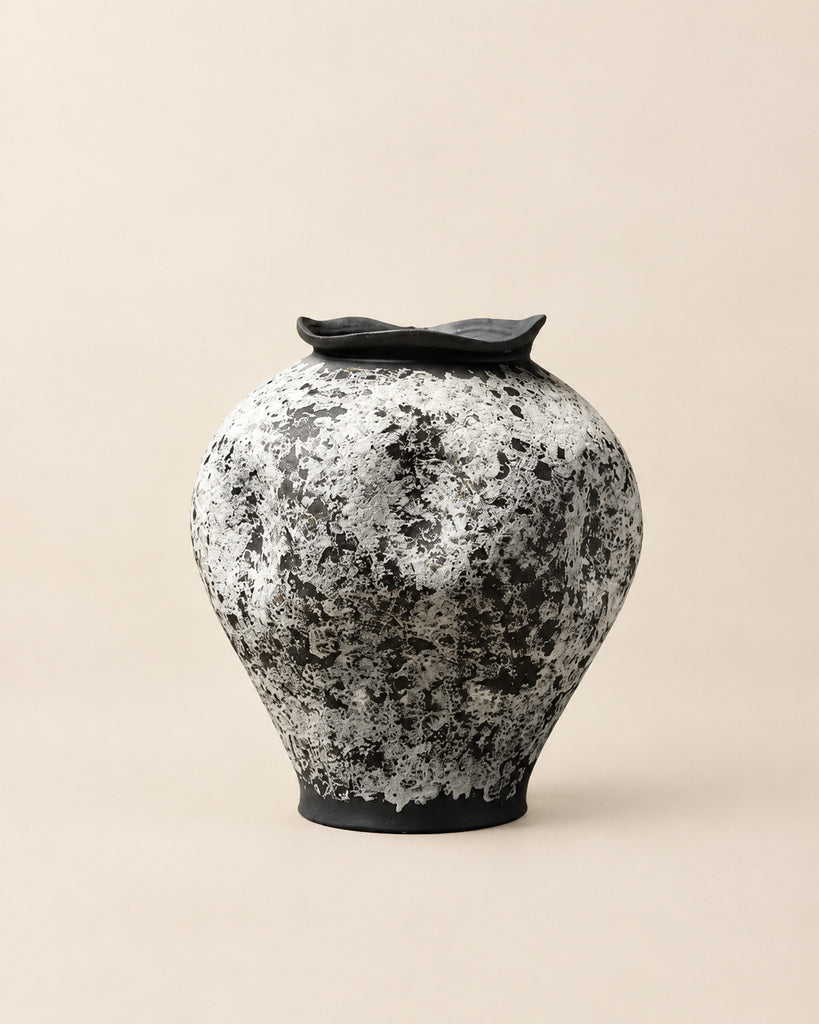 Snow-Covered Black Mottled Textured Vase - 10.6"