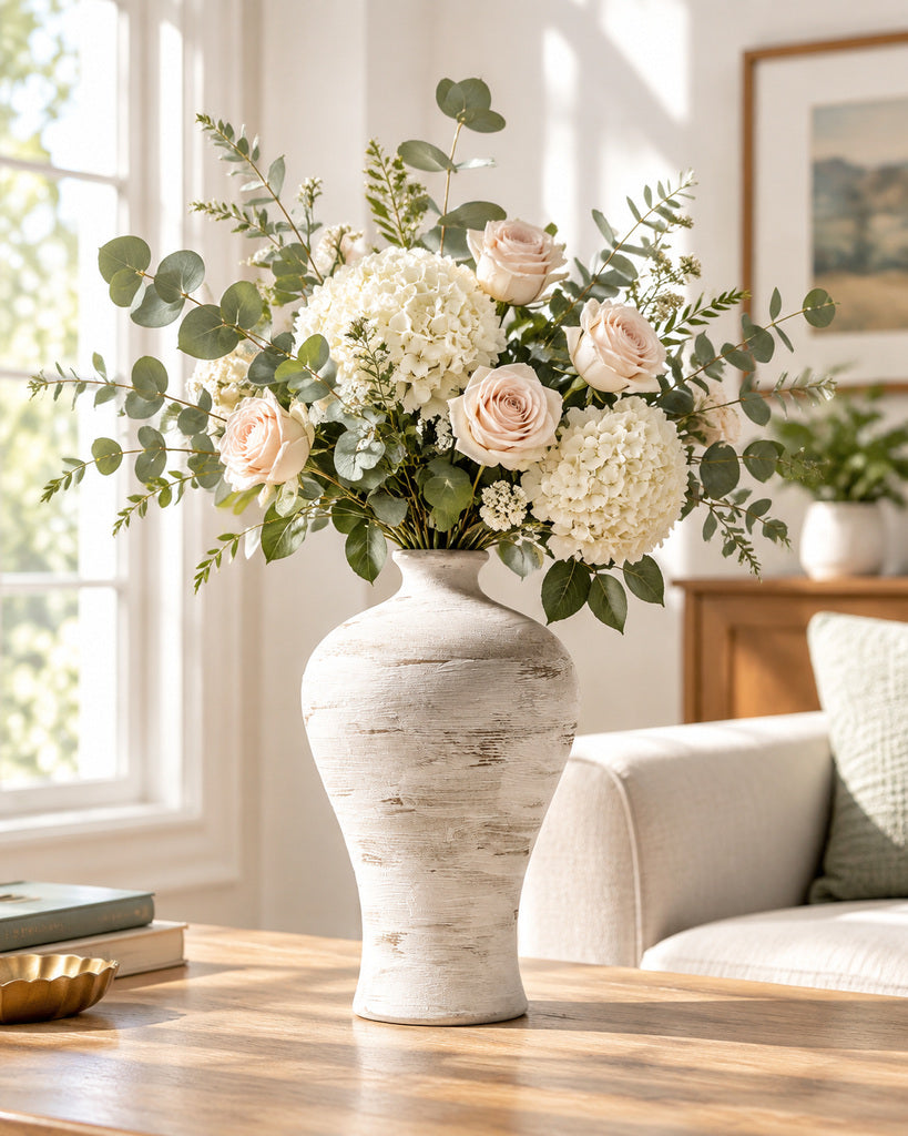 Hand-Glazed Ivory Tall Brush-Textured Sculptural Vase - 12.0"