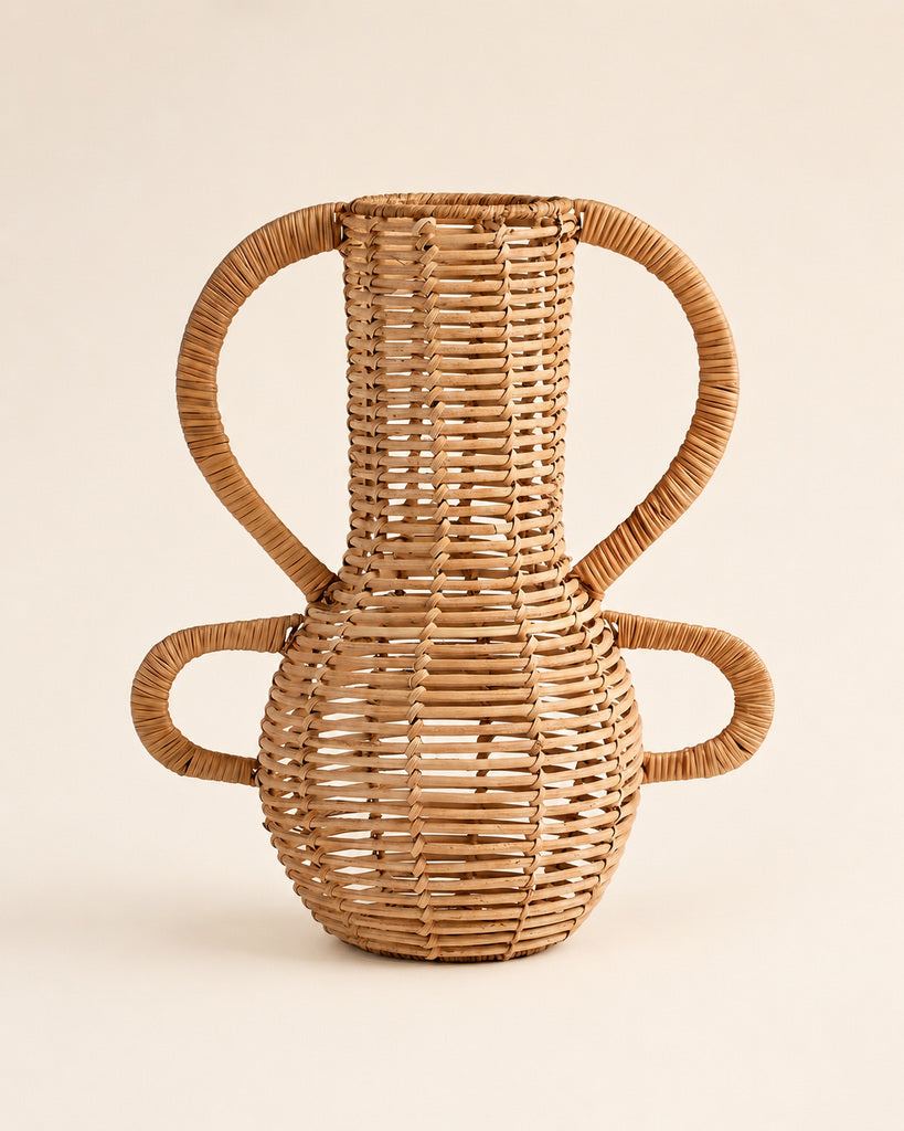 Natural Brown Handcrafted Rattan Four-Handle Vase - 12.2"