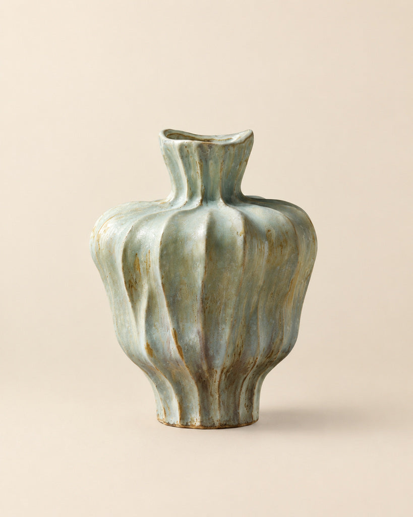 Seafoam Gray Seashell-Curve Hand-Glazed Ceramic Vase - 12.2"