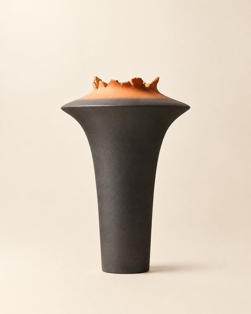 Black & Burnt Orange Jagged-Rim Sculptural Vase - 14.2"