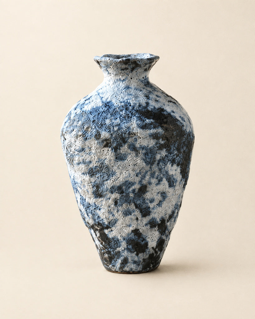 Mottled Blue-Gray Bubble-Textured Tall Ceramic Vase - 13.8"