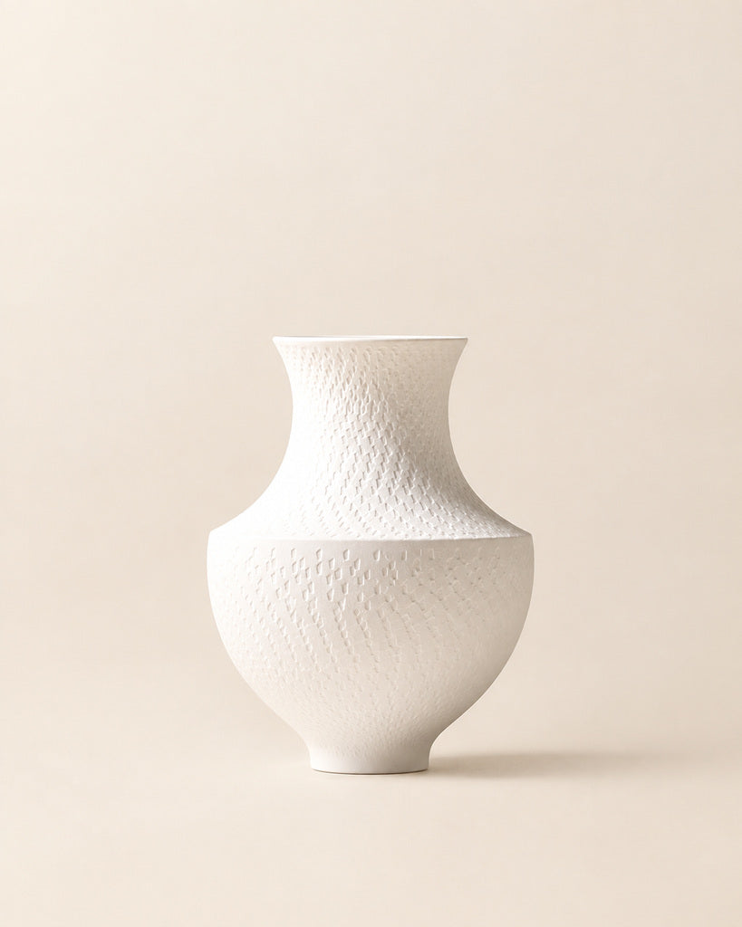 White Wide-Bodied Textured Sculptural Vase - 10.6"
