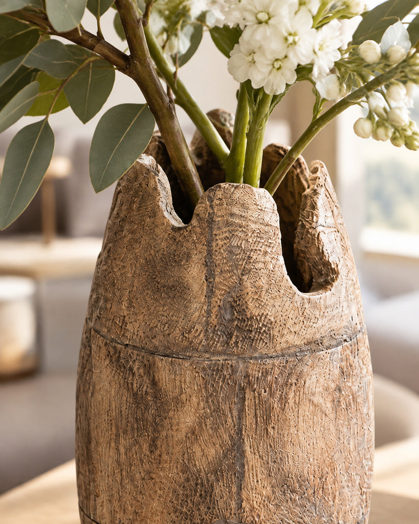 Natural Brown Irregular Rim Handcrafted Wood Vase with Glass Insert - 13.8"