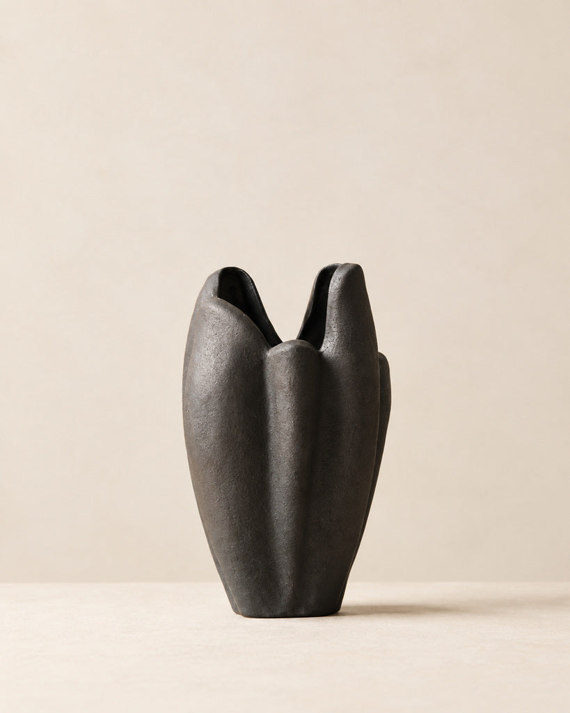 Matte Black Petal-Form Sculptural Vase - 10.0"