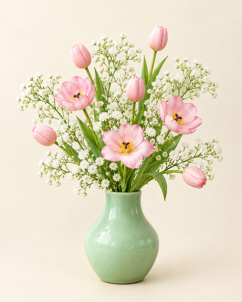 Pink Tulip & White Baby’s Breath Faux Flower Bundle – 12 Stems