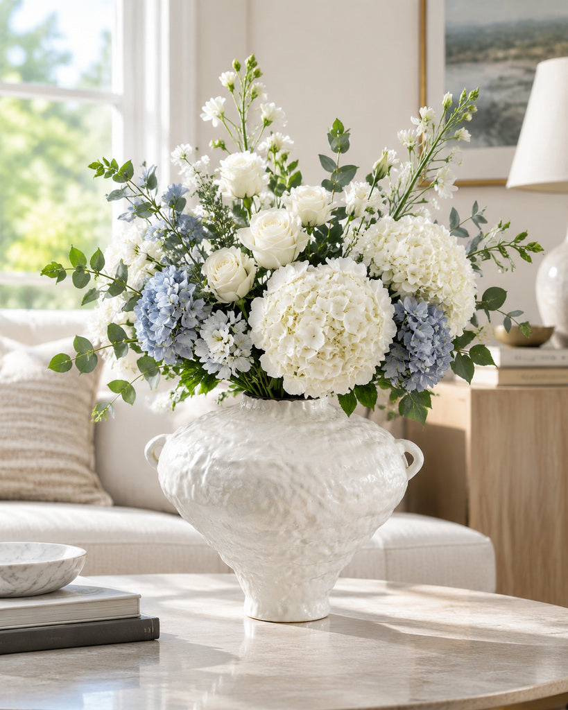 White Wide-Bodied Double-Handle Textured Ceramic Vase with Black Rim - 7.9"