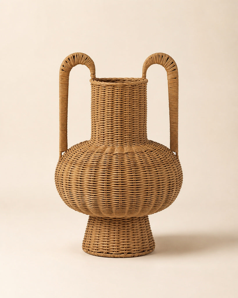 Natural Brown Handcrafted Rattan Double-Handle Pedestal Vase - 12.6"