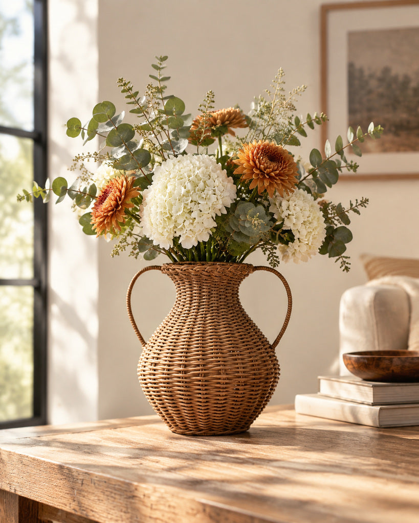 Natural Brown Handwoven Rattan Double-Handle Vase - 11.8"