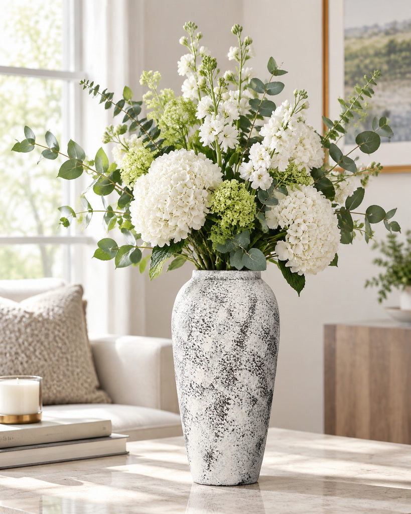 Snow White Speckled Textured Slender Vase - 13.4"
