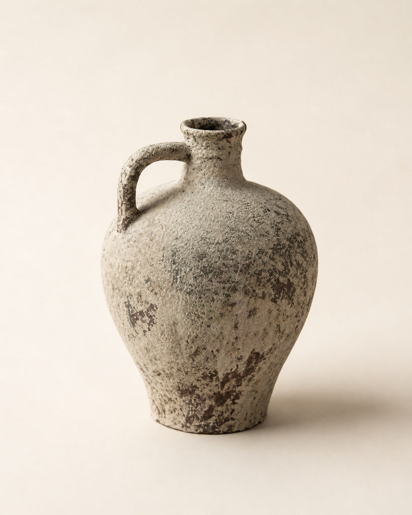 Weathered Ivory Single-Handle Narrow-Neck Earthenware Vase - 14.2"