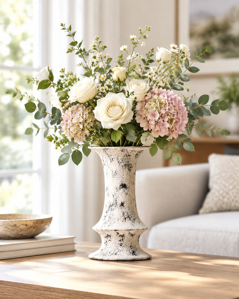 Weathered Ivory Tall Pedestal Textured Sculptural Vase - 12.3"