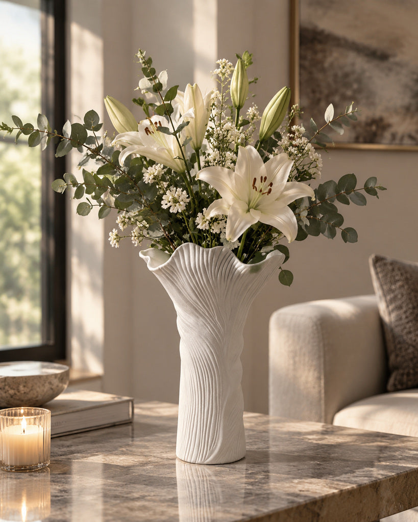 White Flowing Ribbed Ceramic Vase - 11.0"