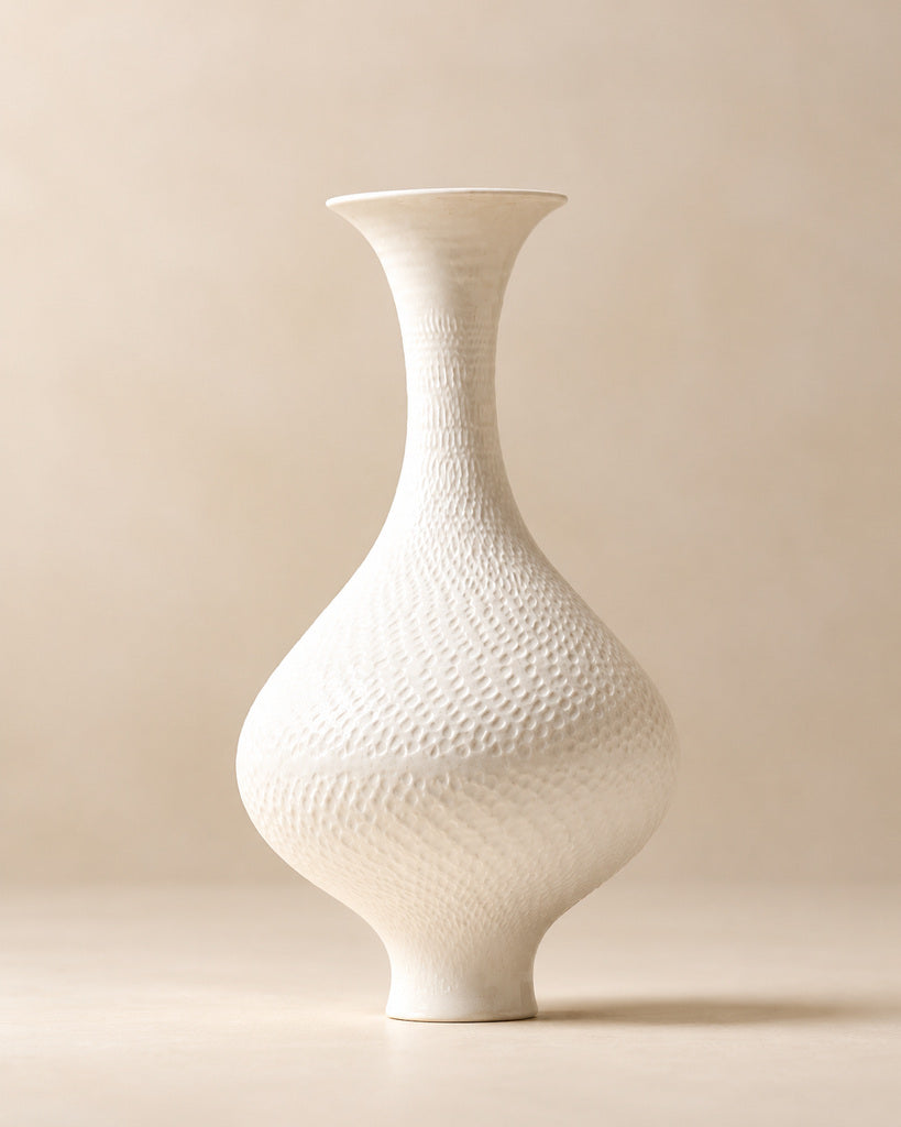 White Tall Gourd-Form Textured Sculptural Vase - 12.2"