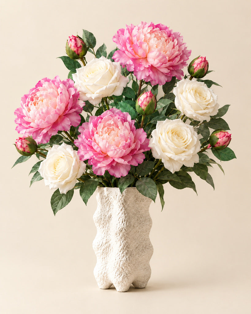 White Juliet Rose & Vintage Purple Peony Faux Flower Bundle – 9 Stems